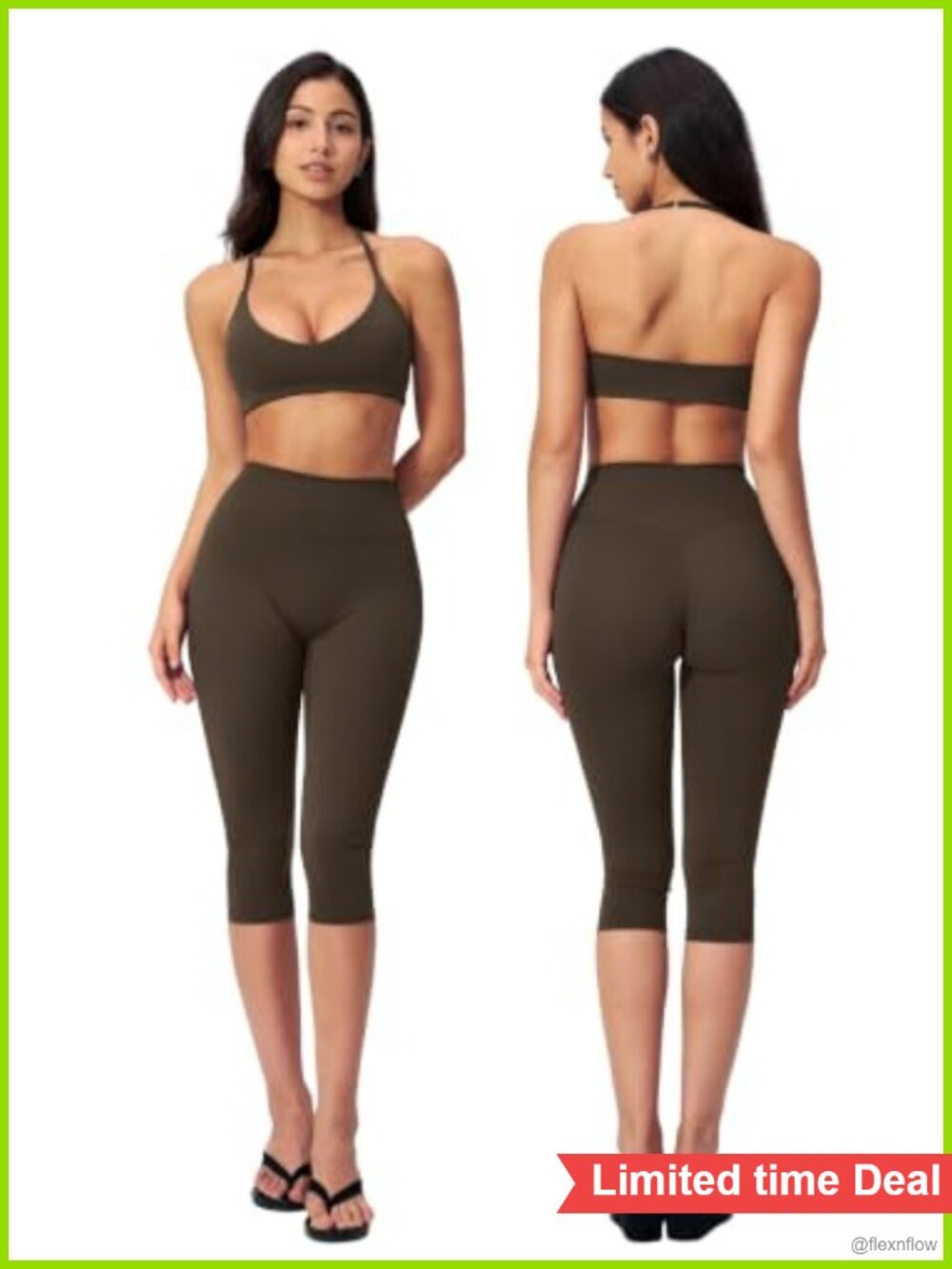 Women 2 Piece Workout Set V Neck Halter Sports Bra High Waist Capri Pants
